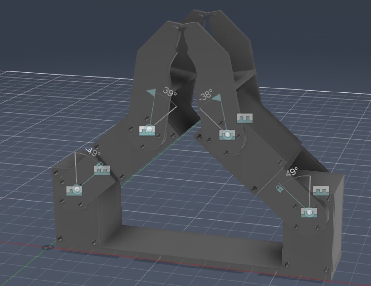 Early CAD model of opposing articulated gripper fingers with joint angle annotations