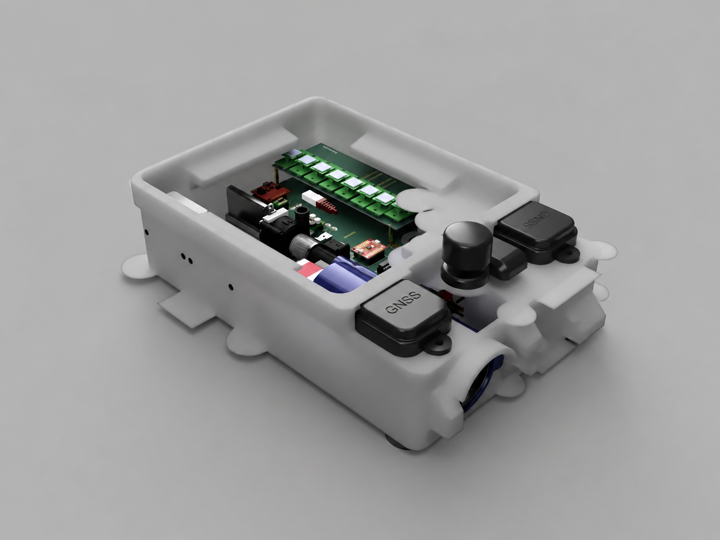 CAD rendering of the SmokeCast environmental sensing device and its internal electronics